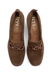 Brown suede loafers with a square shape, featuring a gold chain accent on the vamp and contrasting stitching along the edges.
