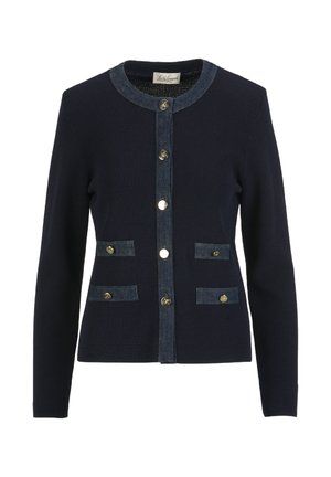 Cardigan côtelé bleu marine avec détails en denim, doté d'un col rond, de cinq boutons dorés et de deux poches avant avec rabats.