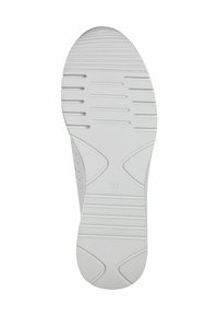 Weißer Schuhsohle mit strukturierter Oberfläche, die horizontale und vertikale Rillen aufweist. Mit der Größenangabe 37.