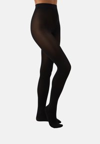 Svarta ogenomskinliga strumpbyxor med en slät yta, hög midjeband och en åtsittande design, som täcker från midjan till tårna.
