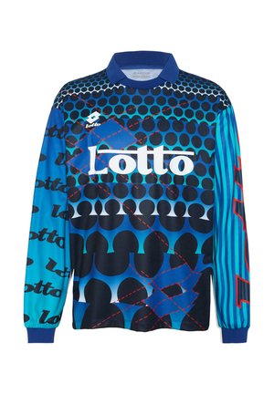 Langärmeliges blaues Sporttrikot mit schwarzen Punktmustern, roten Nahtdetails, Lotto-Logo in Weiß auf der Vorderseite und gestreiften Ärmeln mit auffälligen roten Zahlen.