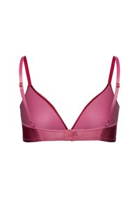 Reggiseno triangolare rosa con spalline regolabili, realizzato in tessuto morbido. Presenta una fascia scura a contrasto e una chiusura a gancio sul retro.