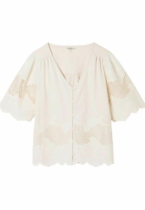 Helle Cremebluse mit V-Ausschnitt, Knopfleiste vorne und kurzen Puffärmeln. Verfügt über Spitzenausschnitte und dekorative, geschwungene Saumdetails.