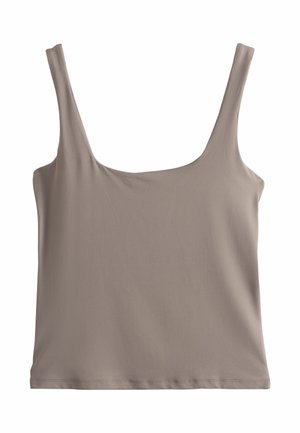 Débardeur court taupe sans manches avec encolure carrée et larges bretelles, tissu lisse et design simple.