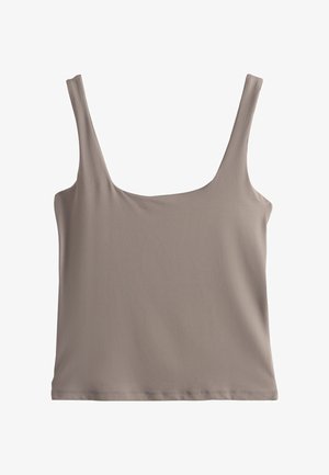 Bezruký krátký top v barvě taupe se čtvercovým výstřihem a širokými ramínky, hladká látka a jednoduchý design.