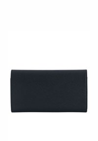 Portafoglio nero con texture, forma rettangolare, finitura liscia, design piegato, senza hardware o dettagli visibili. Aspetto semplice e minimalista.