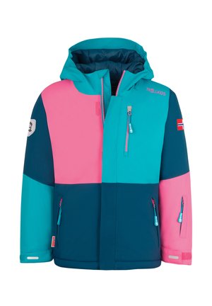 Bunte Winterjacke mit Kapuze, ausgestattet mit Panels in Pink, Türkis und Marineblau, mit Reißverschlusstaschen und einem Logo-Patch auf dem Ärmel.