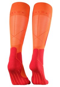 Knielange Kompressionssocken in leuchtendem Orange und Rot, mit einem strukturierten Design und verstärktem Fersen- und Zehenbereich für Haltbarkeit und Unterstützung.