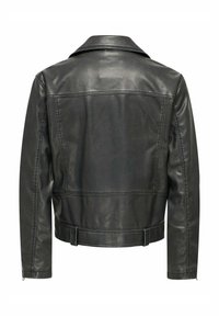 Giacca in pelle nera dal design classico, con colletto, vita aderente e dettagli di cucitura visibili sulla schiena.