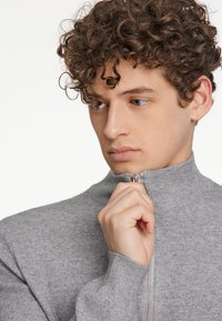 Maglione grigio con zip, colletto alto, polsini a coste e texture del tessuto liscia. Presenta una zip visibile e una vestibilità comoda.