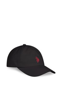 Black baseball cap with curved brim and small red embroidered polo player logo on the front panel.
