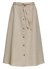 Beige Leinen-Midi-Rock mit einem Bindegürtel, vorderem Knopfverschluss und gerafftem Bund. Glatte Textur mit glänzenden goldenen Knöpfen.