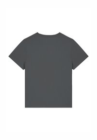 Graues T-Shirt mit kurzen Ärmeln und Rundhalsausschnitt. Glatte, baumwollähnliche Textur. Keine sichtbaren Muster oder Grafiken auf der Rückseite.