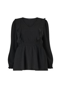 Blouse peplum noire à manches longues, décolleté en V profond, accents froncés le long de l'encolure et ceinture smockée froncée. Tissu texturé.