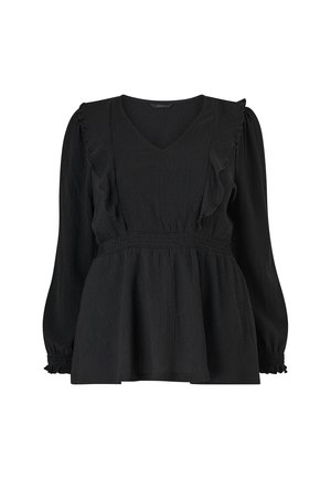 Sort peplum bluse med lange ærmer, dyb V-udskæring, flæseaccent langs halsudskæringen og samlet smocked talje. Teksturstof.
