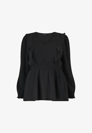 Black peplum blouse with long sleeves, deep V-neck, ruffled accents along the neckline, and gathered smocked waistband. Textured fabric.