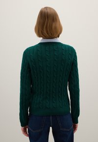 Grüner Strickpullover mit einem Zopfmuster, gerippten Bündchen und Saum. Darunter ein blau gestreiftes Hemd mit Kragen.