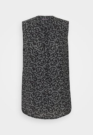 Blusa negra sin mangas con pequeño estampado de hojas blancas y cuello en V, mostrada sobre un fondo claro y liso.