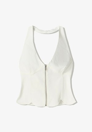 Top bianco con collo a halter e scollatura profonda a V, chiusura frontale con cerniera e orlo ondulato. Realizzato in un tessuto liscio con dettagli di design minimi.