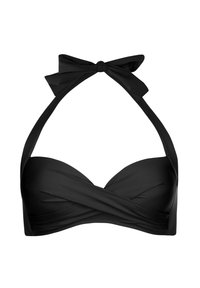 Czarny biustonosz bikini z paskami i kokardą przy szyi, z wypełnionymi miseczkami oraz krzyżującym się przodem. Gładka struktura bez wzorów.