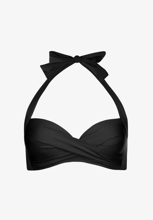 Czarny biustonosz bikini z paskami i kokardą przy szyi, z wypełnionymi miseczkami oraz krzyżującym się przodem. Gładka struktura bez wzorów.