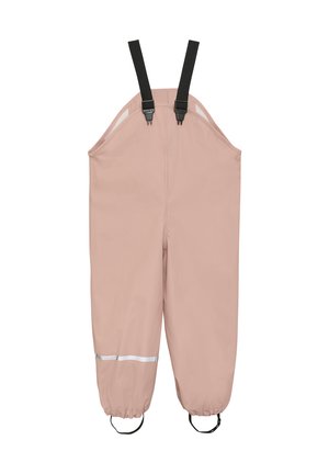 Combinaison imperméable pour enfants rose clair avec bretelles noires réglables et poignets élastiques avec boucles pour les pieds.