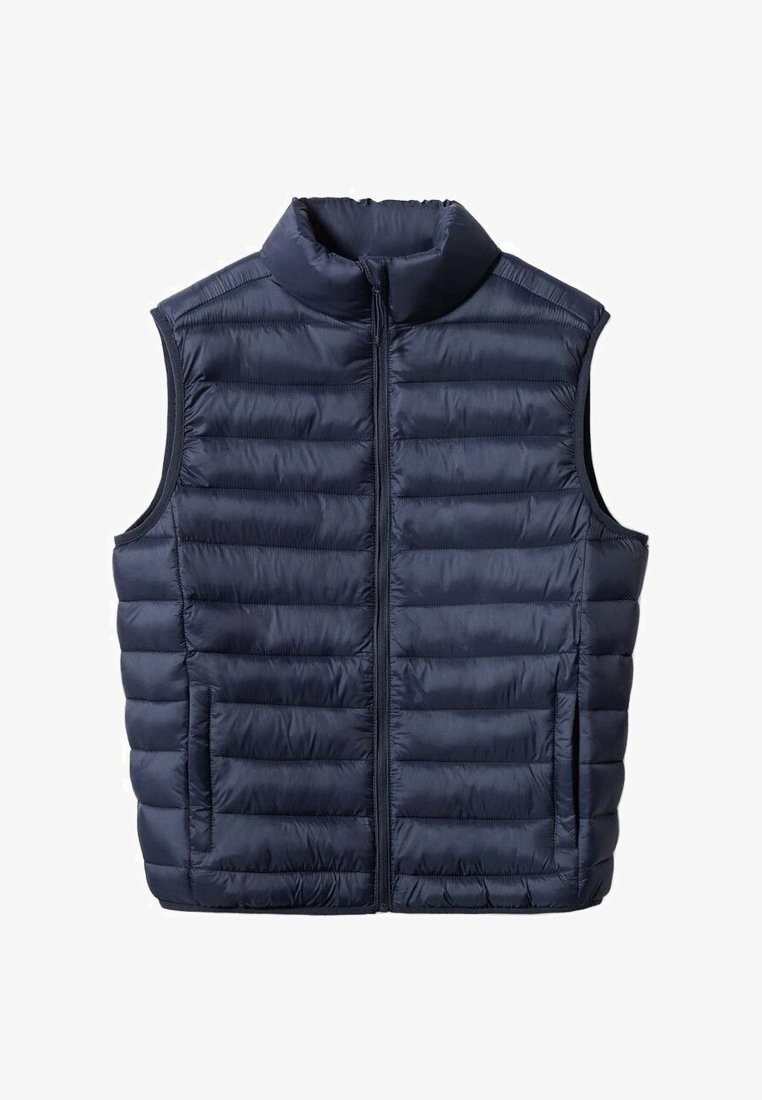 Navy puffer vest with high collar, front zip closure, horizontal quilted design, and two side pockets. Smooth texture and lightweight material.