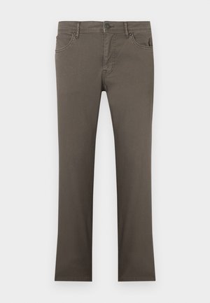 Pantalon en coton marron à coupe droite, avec poches avant, fermeture à boutons sur le devant et détails de coutures visibles.