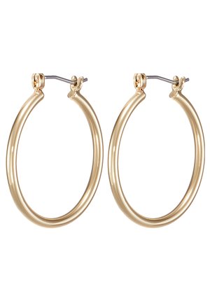 Orecchini a cerchio in metallo dorato con un design circolare liscio e una chiusura a cerniera sicura. Leggeri e con una finitura lucida.