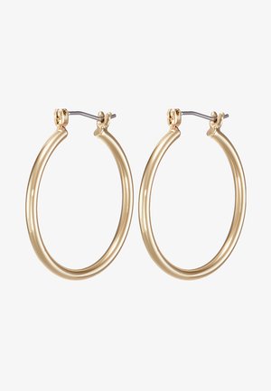 Gouden metalen ring oorbellen met een glad, rond ontwerp en een veilige scharnier sluiting. Lichtgewicht met een gepolijste afwerking.