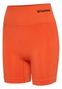 Oranje sportshorts gemaakt van rekbare stof, met een hoge tailleband, een gladde textuur en een logo aan de voorkant.