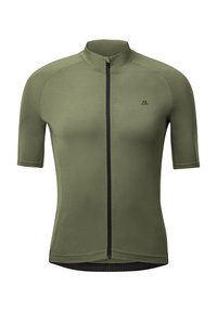 Maillot de cyclisme à manches courtes en vert olive, fabriqué en tissu lisse et extensible, avec une fermeture éclair sur le devant et des accents en mesh noir au niveau de l'ourlet.