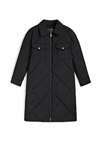 Zwarte gewatteerde lange jas met een puntige kraag, rits aan de voorkant en twee borstzakken. Heeft een ruitenpatroon en lange mouwen.