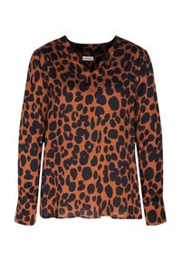 Blusa in stampa leopardo marrone in tessuto leggero, con scollo a V, maniche lunghe e una vestibilità rilassata, caratterizzata da macchie nere.