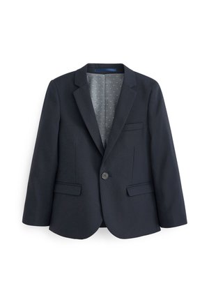 Marineblauwe blazer met één knop, met geknipt revers, twee voorste klepzakken en een grijze voering met kleine witte stippen.