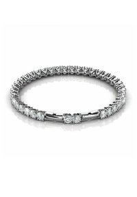 Bracciale in argento con sezioni interconnesse decorate con gemme trasparenti rotonde, alternate in un design a pattern, finitura lucida e bordi lisci.