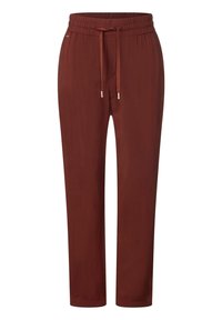 Raka, rostfärgade byxor med elastiskt midjeband och snörning, designade för avslappnad eller loungeanvändning.