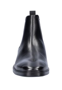 Zwarte leren enkellaarzen met een gladde afwerking, minimalistisch ontwerp, ronde neus en een lus aan de achterkant. De zool heeft een vlak profiel.