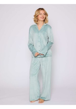 Light green, soft fabric pajama set featuring a button-up shirt with a pocket and wide-leg pants, both with a smooth, brushed texture.