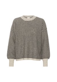 Pullover mit entspanntem Schnitt, aus einem weichen, strukturierten Stoff in hellbeige und dunkelgrau, mit einem gepunkteten Muster und gerippten Bündchen.