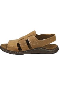 Brown leather sandal with multiple strap openings, stitch detailing, and a cushioned insole. Contoured rubber outsole for support.
