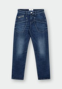 Denim jeans met een donkere blauwe wassing, vijf zakken en opvallend schuine naden, met subtiele vervaging en een rechte pijpen.