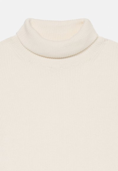 Rippstrick-Turtleneck-Pullover in Cremefarbe. Verfügt über einen hohen, umgeschlagenen Kragen und eine weiche Textur, die sich gut zum Schichten bei kühlerem Wetter eignet.