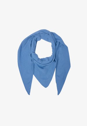 Écharpe bleue en tissu texturé, de forme triangulaire avec un centre noué. Apparence douce et légère.