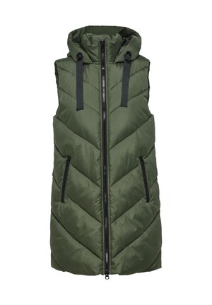Sleeveless green padded vest with front zipper, two zippered pockets, high collar, and adjustable hood with black drawstrings.