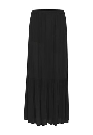 Black, tiered maxi skirt made from lightweight fabric, featuring an elastic waistband and a flowing design with a textured finish.