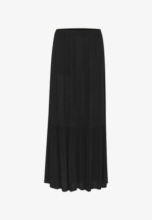 Black, tiered maxi skirt made from lightweight fabric, featuring an elastic waistband and a flowing design with a textured finish.