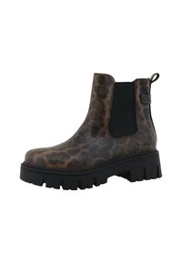 Chelsea boty s leopardím potiskem a texturovaným hnědým svrškem, elastickými bočními panely a robustní černou podrážkou s hlubokými výstupky pro lepší přilnavost.