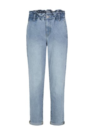Lichtblauwe denim jeans met een elastische, gerimpelde tailleband, vijf zakken en opgerolde pijpen. De stof heeft een gladde textuur.