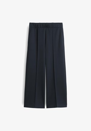 Navy wide-leg broek met een gladde textuur, voorzien van een comfortabele elastische tailleband en voorplooien, ontworpen voor een relaxte pasvorm.